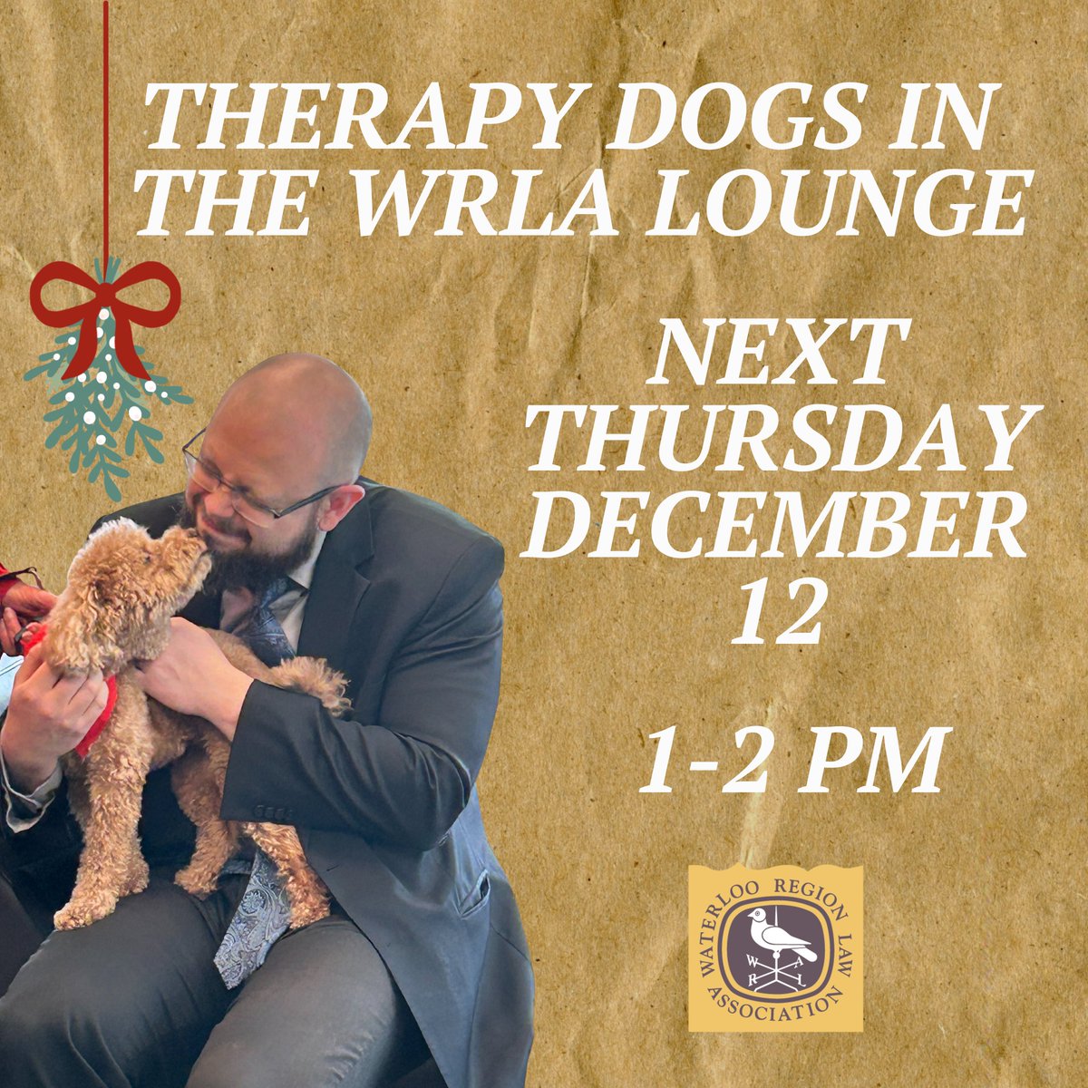 wrlaofficial's tweet photo. St. John's Ambulance volunteers and their furry companions will be in the WRLA Lounge one last time this year next Thursday from 1-2 pm. Stop by for a dose of holiday cheer. https://t.co/3c7U6U1Klt