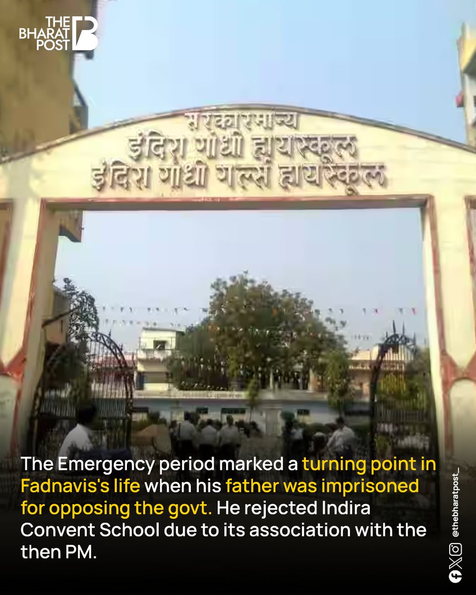 TheBharatPost__'s tweet photo. During the Emergency, Fadnavis's father was imprisoned for opposing the government. This led Fadnavis to leave Indira Convent School, associated with the Prime Minister, and join Saraswati Vidyalaya in Nagpur.
#MaharashtraCM #DevendraFadnavisForCM https://t.co/Nj48KgViaL