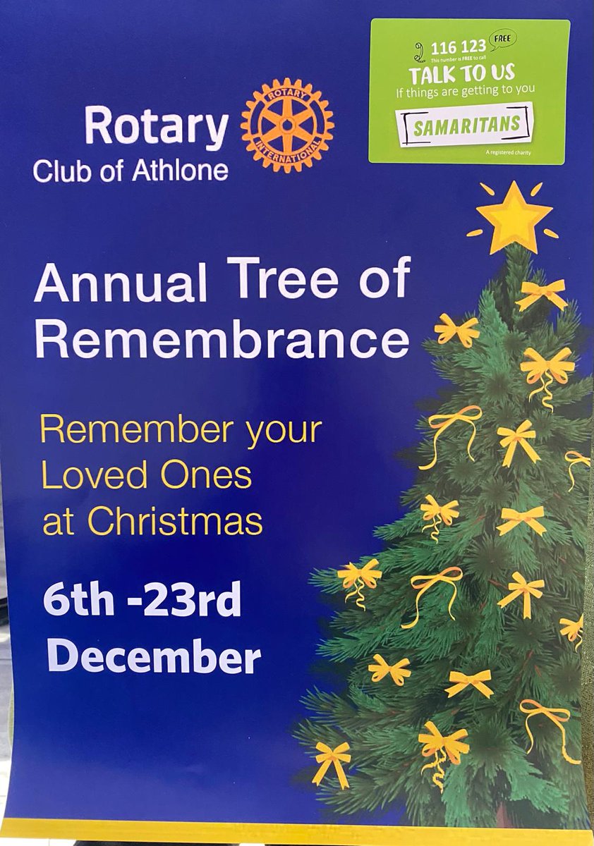 Rotary Club Athlone (@athlonerotary) on Twitter photo The Rotary Club of Athlone has launched its annual Christmas fundraising campaign – The Tree of Remembrance.
6th-23rd December 2024
This year supporting The Samaritans and Rotary Club of Athlone charities.
<a href="/Rotary/">Rotary International</a>
<a href="/RadissonAthlone/">Radisson Blu Athlone</a>
<a href="/athlonechamber/">Athlone Chamber</a>
<a href="/westmeathindo/">WestmeathIndependent</a> The Rotary Club of Athlone has launched its annual Christmas fundraising campaign – The Tree of Remembrance.
6th-23rd December 2024
This year supporting The Samaritans and Rotary Club of Athlone charities.
<a href="/Rotary/">Rotary International</a>
<a href="/RadissonAthlone/">Radisson Blu Athlone</a>
<a href="/athlonechamber/">Athlone Chamber</a>
<a href="/westmeathindo/">WestmeathIndependent</a>