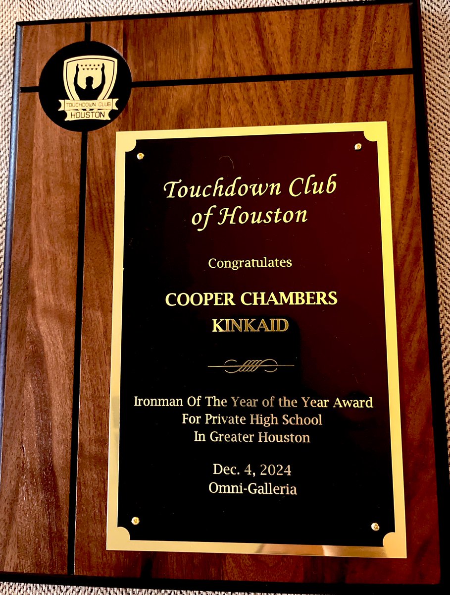 Thank you <a href="/HoustonTDClub/">Houston TD Club</a> for the great event last night and for rewarding me with the Ironman of the Year Award. Also congrats to my teammates <a href="/tophercarlson25/">Kristopher Carlson</a> and <a href="/JacksonStaley84/">Jackson Staley</a> on winning their awards! <a href="/KinkaidAthletic/">Kinkaid Athletics</a> <a href="/CoachLarned/">Nathan Larned</a>