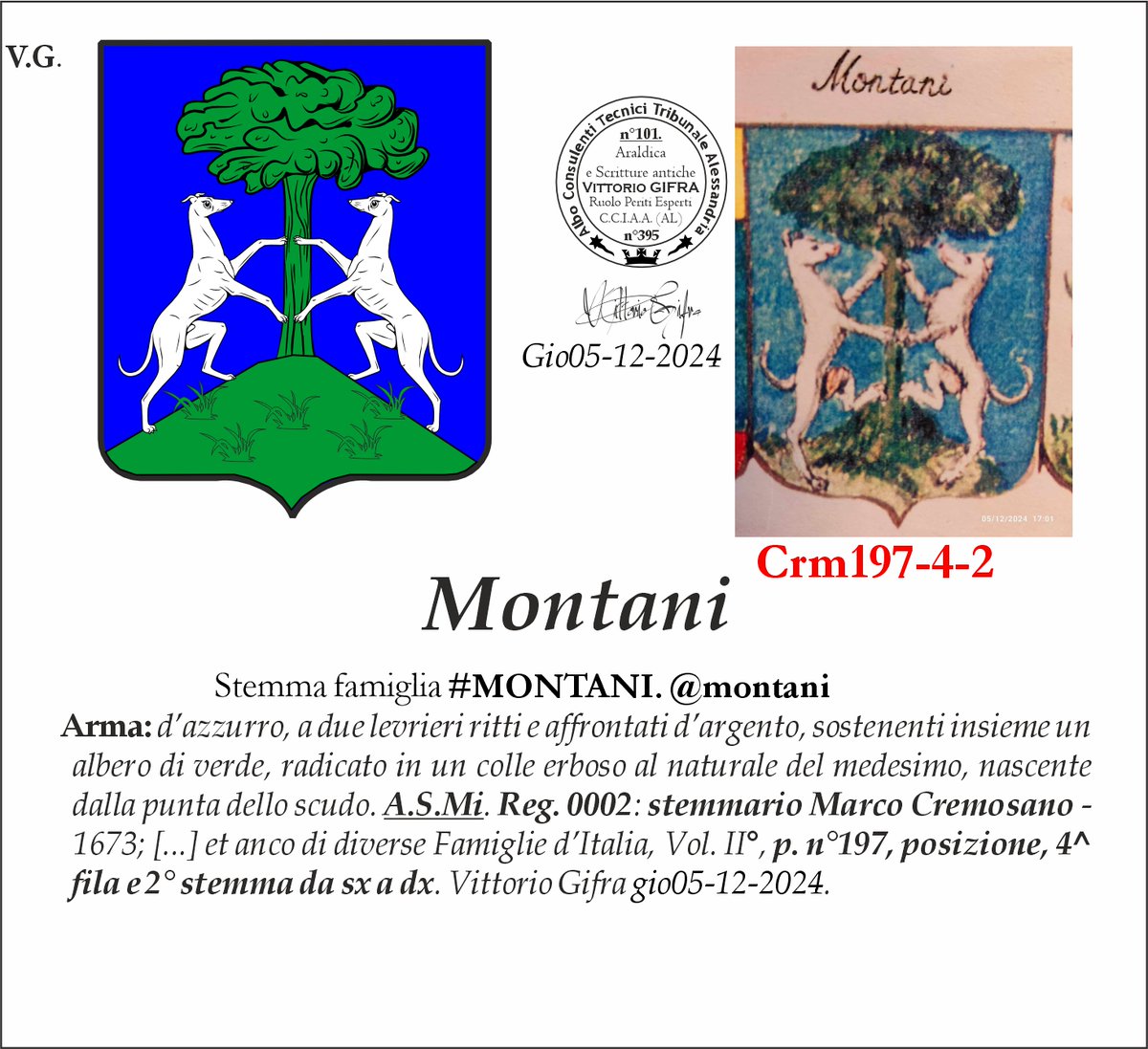 VGIFRA's tweet photo. Stemma famiglia #MONTANI. @montani
Arma: d’azzurro, a due levrieri ritti e affrontati d’argento, sostenenti insieme un albero di verde, radicato in un colle erboso al naturale del medesimo, nascente dalla punta dello scudo. A.S.Mi. Reg. 0002: stemmario Marco Cremosano - 1673; [...] et anco di diverse Famiglie d’Italia, Vol. II°, p. n°197, posizione, 4^ fila e 2° stemma da sx a dx. Vittorio Gifra gio05-12-2024.