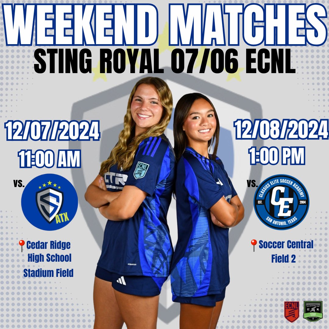 Sting Royal 07/06G ECNL (@stngroyal06ecnl) on Twitter photo We hit the road again🚘 for our last 2️⃣<a href="/ECNLgirls/">ECNL Girls</a> league games of 2024💙💪🏼
<a href="/RockyMonk8/">Rocky Monk</a> <a href="/StingSoccerClub/">Sting Soccer Club</a> <a href="/TopDrawerSoccer/">TopDrawerSoccer</a> <a href="/TheSoccerWire/">SoccerWire</a> <a href="/PrepSoccerTX/">Prep Soccer Texas</a> <a href="/ImYouthSoccer/">ECNL/GA/Recruiting/College Soccer</a> We hit the road again🚘 for our last 2️⃣<a href="/ECNLgirls/">ECNL Girls</a> league games of 2024💙💪🏼
<a href="/RockyMonk8/">Rocky Monk</a> <a href="/StingSoccerClub/">Sting Soccer Club</a> <a href="/TopDrawerSoccer/">TopDrawerSoccer</a> <a href="/TheSoccerWire/">SoccerWire</a> <a href="/PrepSoccerTX/">Prep Soccer Texas</a> <a href="/ImYouthSoccer/">ECNL/GA/Recruiting/College Soccer</a>