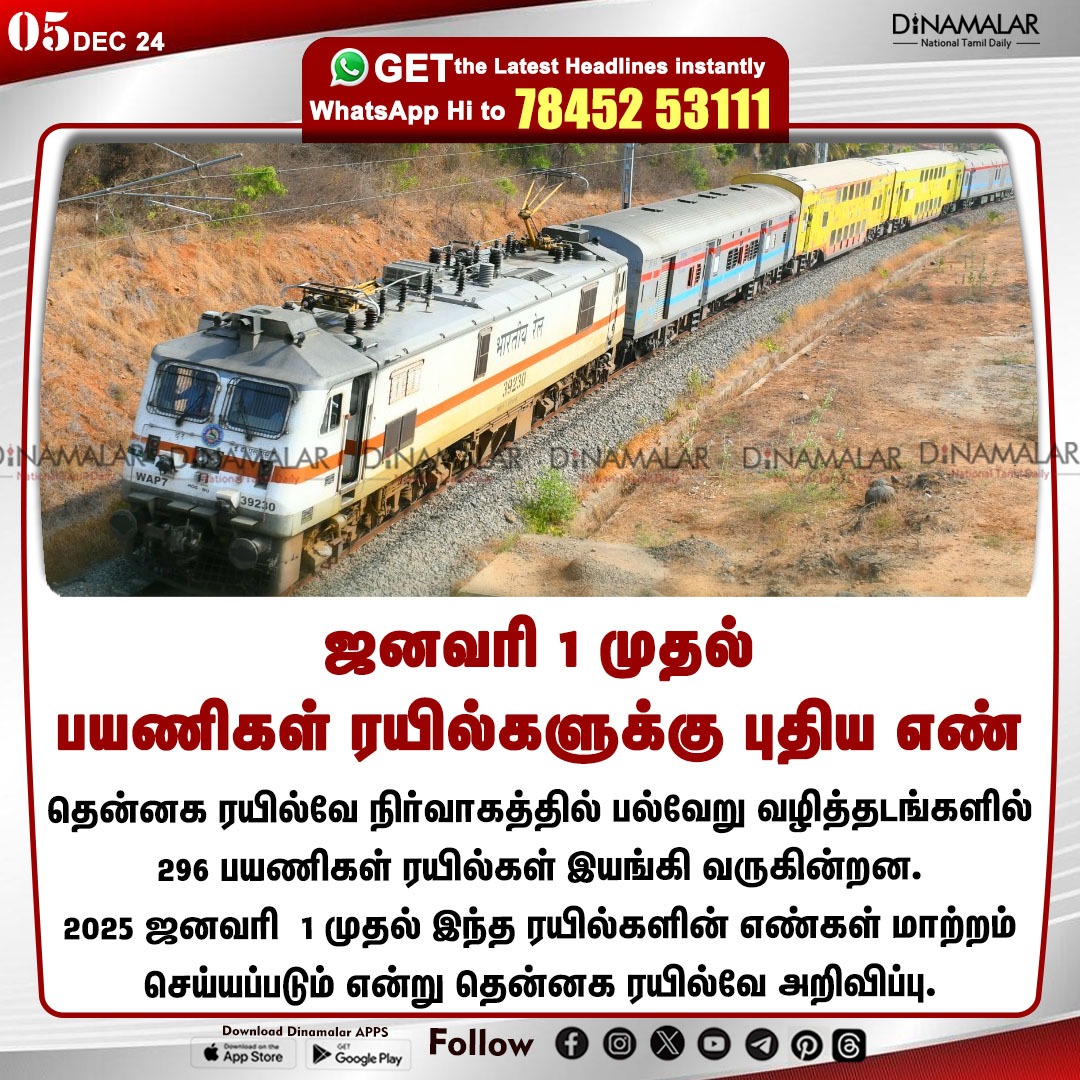 dinamalarweb's tweet photo. ஜனவரி 1 முதல் பயணிகள் ரயில்களுக்கு புதிய எண்
#Trainnumber | #passengertrains | #SouthernRailway
https://t.co/y4W3uzOWeZ https://t.co/P2QXmBQKhc