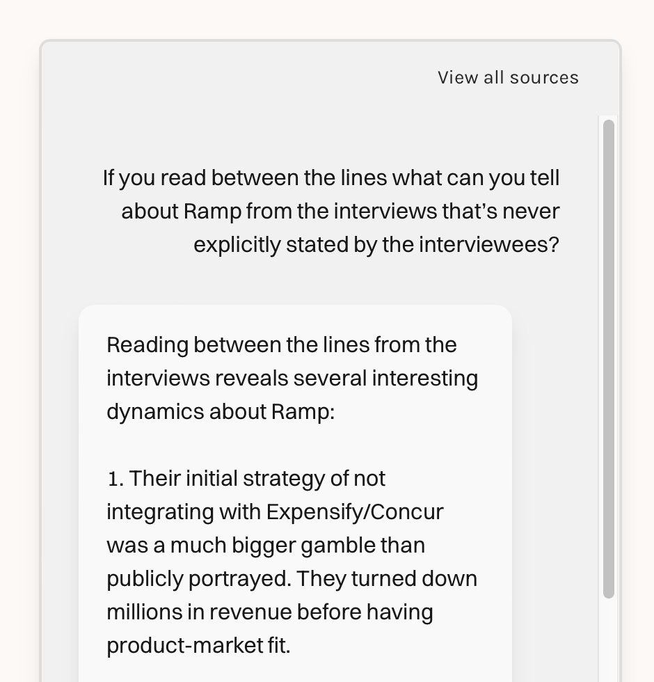 danshipper's tweet photo. NEWS!

We built a content format that we hope will change media:

Extendable Articles

These articles include an AI chat with access to all of the sources we used to write the article—including hours of original interviews and research. 

So you can get our perspective—and also form your own.

Our first Extendable Article is called The Religion of Ramp and it's a deep dive on how @tryramp became one of the fastest growing startups ever.

@itsurboyevan did hours of interviews with the Ramp team including CEO @eglyman and you can ask questions like:

- What was said in the interviews that didn't make it into the article?
- If you read between the lines, what can you tell from the interviews that no one ever explicitly said?
- What's vibe of Ramp like based on the interviews?
- What perspective did the interviewer bring?

And you can get an instant answer based on all available sources—powered by @AnthropicAI's Claude 3.5 Sonnet.

We think it's one small way we can make media better for both writers and readers.

Read the first Extendable Article here: https://t.co/ZNQ6UNlawP