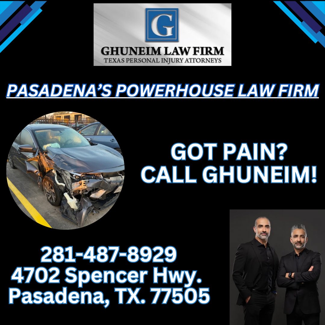 GhuneimLawFirm's tweet photo. We will fight to get you the compensation that you deserve!! Call us for a FREE CONSULTATION! 

☎️ 833-GHU-NEIM
☎️ 281-487-8929

HABLAMOS ESPAÑOL! 

#ghuneimlawfirm #personalinjuryattorneys #pasadenatx #deerparktx #laportetx #baytowntx #southhoustontx #galenaparktx https://t.co/e1WIdGSLUw