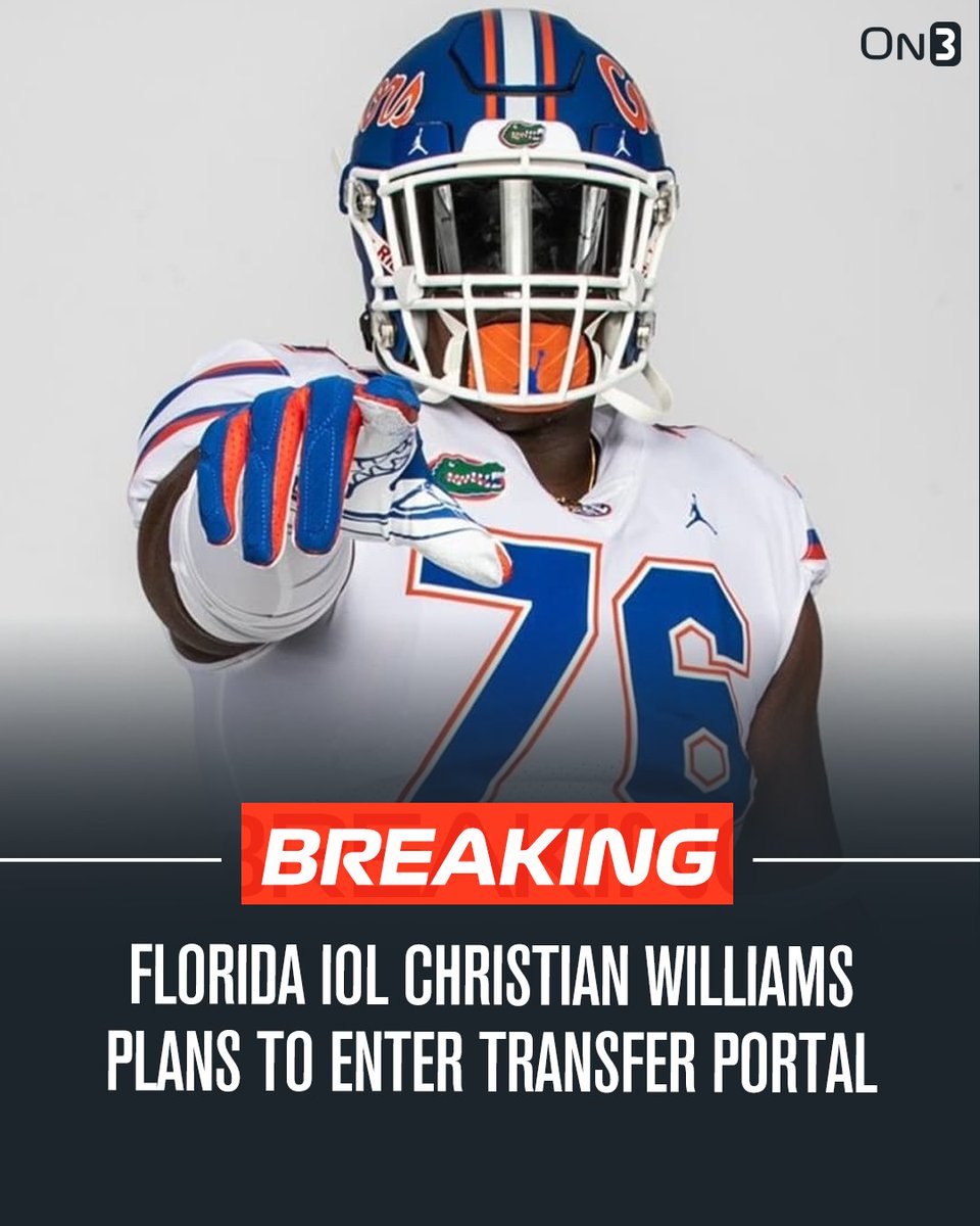 TransferPortal's tweet image. NEWS: Florida IOL Christian Williams plans to enter the NCAA Transfer Portal, he announced. 

on3.com/db/christian-w…