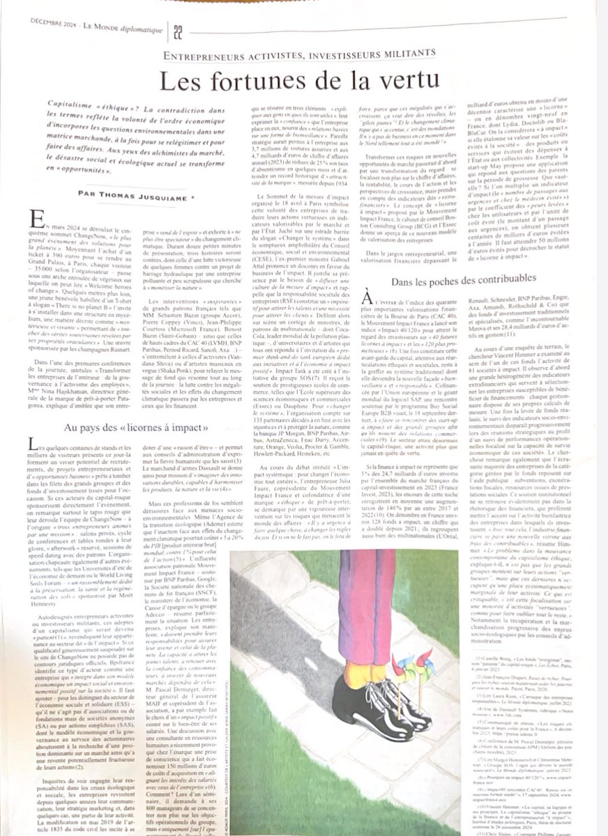 Critique stimulante des risques de captation du sens et d’inversion des fondements et des finalités des principes de responsabilité sociale et environnementale des entreprises et des investisseurs. Lire « les fortunes de la vertu » de <a href="/jusquiame_/">Thomas Jusquiame</a> dans <a href="/mdiplo/">Le Monde diplomatique 🖋</a> de décembre 2024
￼
