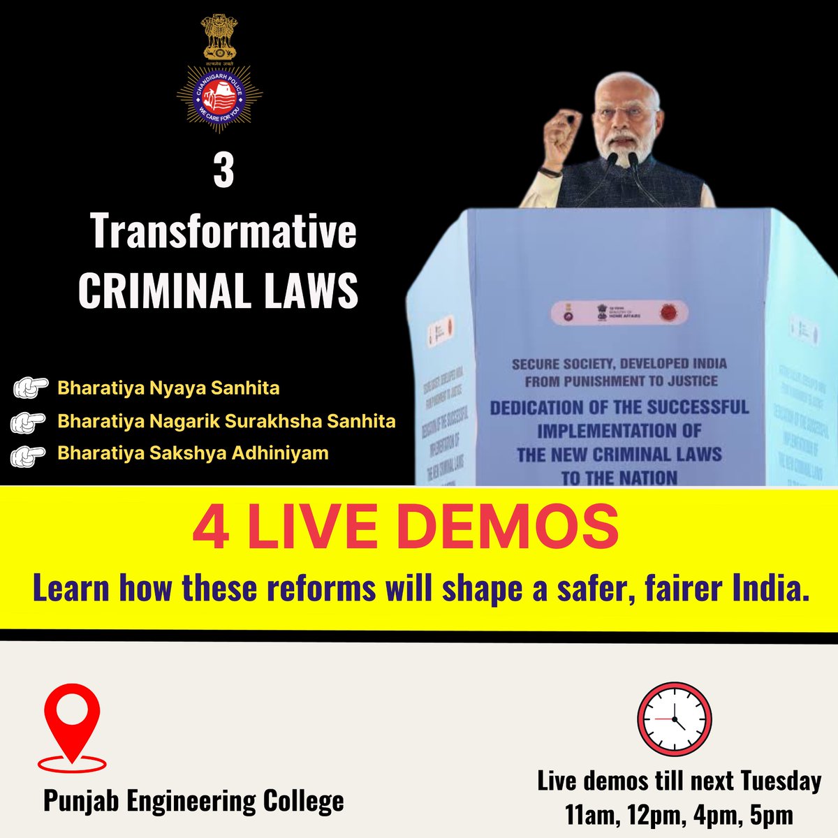 Chandigarh Police #Citizen First (@chdpol) on Twitter photo PM <a href="/narendramodi/">Narendra Modi</a> dedicated 3 transformative laws - BNSS, BNS & BSA - to the nation at Punjab Engineering College, Chandigarh on Dec 3, 2024. Learn how they’ll shape a safer India! Live demos till Dec 10, 2024
⏰ 11am, 12pm, 4pm, 5pm PM <a href="/narendramodi/">Narendra Modi</a> dedicated 3 transformative laws - BNSS, BNS & BSA - to the nation at Punjab Engineering College, Chandigarh on Dec 3, 2024. Learn how they’ll shape a safer India! Live demos till Dec 10, 2024
⏰ 11am, 12pm, 4pm, 5pm