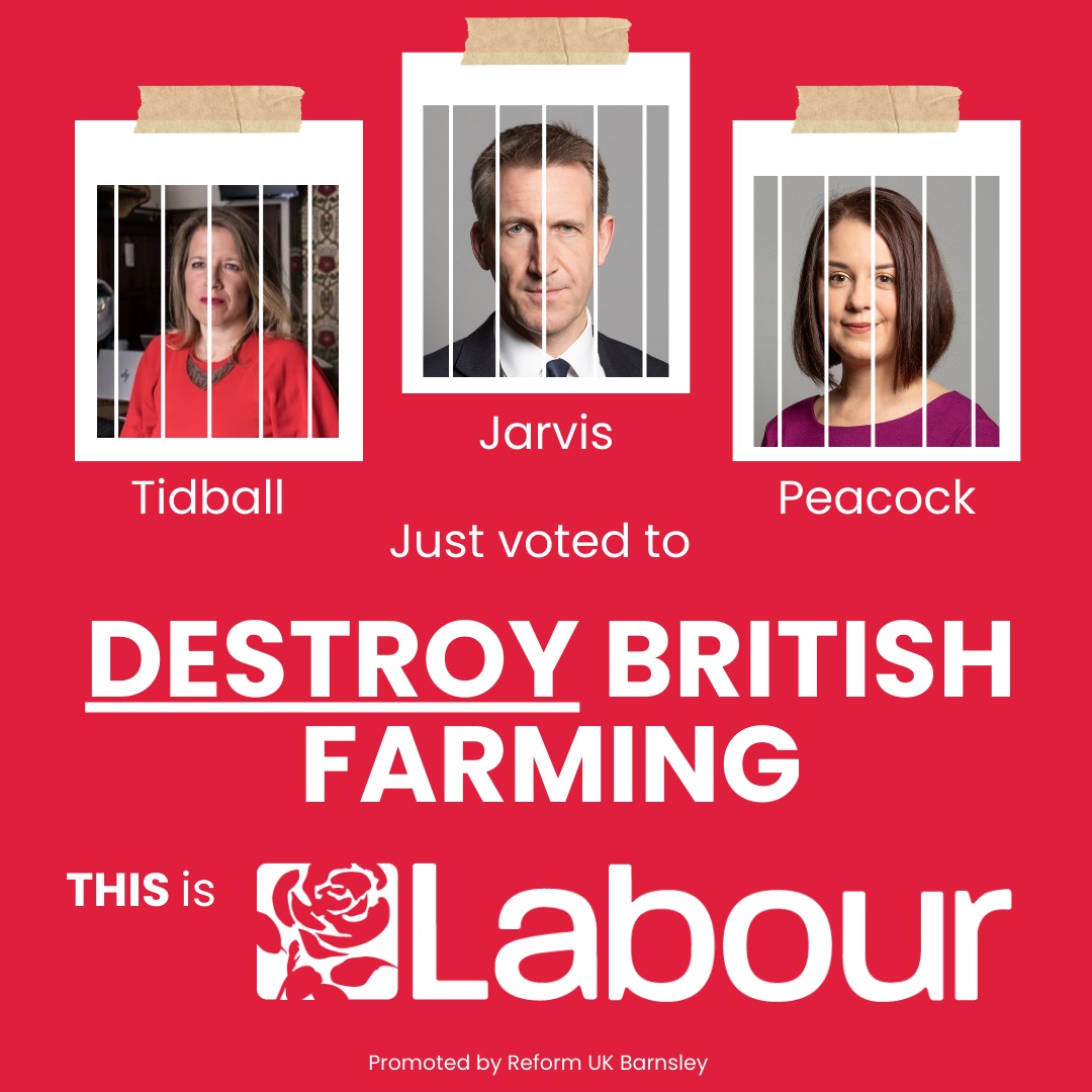 Turning their backs on the industry that keeps this country beating.

Shame. 

Reform UK will always stand side by side with our farmers! 🚜🇬🇧

#ReformUK #barnsley