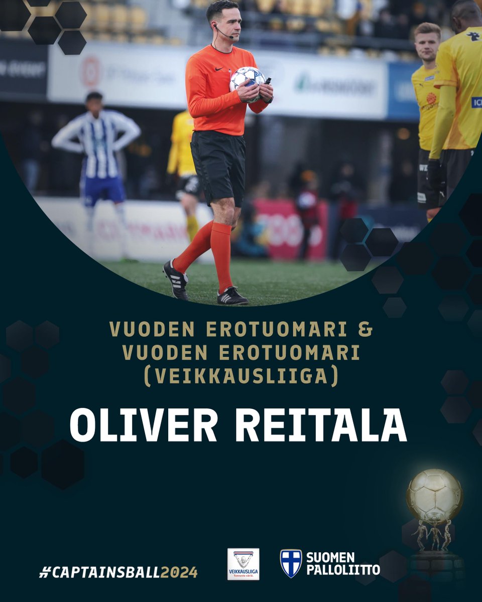 🏆 Gaalan varsinainen osuus on käynnissä! Vuoden erotuomaripalkinnot menivät Oliver Reitalalle ja Lina Lehtovaaralle. Avustavista erotuomareista palkittiin Jukka Honkanen ja Heini Hyvönen.

Onnea kaikille neljälle!  👏

#CaptainsBall2024