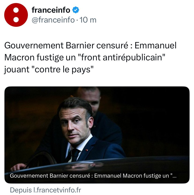 nRenardPaname's tweet photo. Il est fascinant le Mozart de la gabegie et de la "grenade dégoupillée" qui n'est responsable de rien. Ce n'est pas lui qui a semé le chaos social et économique en imposant des lois et des réformes injustes, en méprisant le peuple et en demandant aux Français, après avoir ruiné le pays, de faire un effort pour éponger la dette. Ce n'est pas lui qui a semé le chaos politique en décidant, après une dissolution kamikaze, de mépriser le vote du peuple et de nommer un Premier ministre issu du camp des perdants pour poursuive une politique de casse sociale rejetée par les Français.
Bref, le mec qui nous a mené dans le mur se présente comme le garant de l'unité et de la stabilité du pays...
#DirectAN #Macron20h Premier ministre