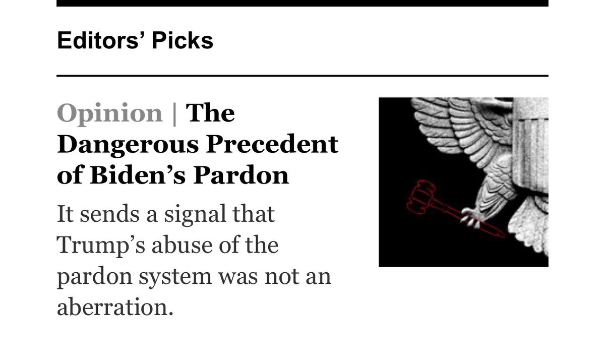ksmunger's tweet photo. @nytimes it’s this sort of thing that made me unsubscribe after 20 years. Biden’s pardon was perfectly acceptable/the right call given the circumstances. Headlines like this that make the average reader assume this particular pardon is equal to Trump’s many pardons=malpractice. https://t.co/73q3wRWfDv
