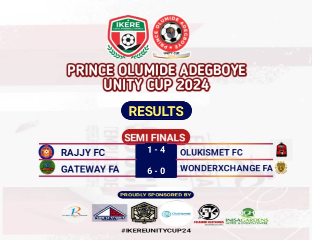 Ikerefootball's tweet photo. Here comes with today's results!
DC Gateway FA sail through to the Final with the last edition first runner up Olukismet FC.

@RajjyFC settled to jostle with Wonderxchange FA in the third place.

Surprisingly we have this same matching last year.

#PrinceOlumideAdegboye
#UnityCup https://t.co/oMNqflxnbR