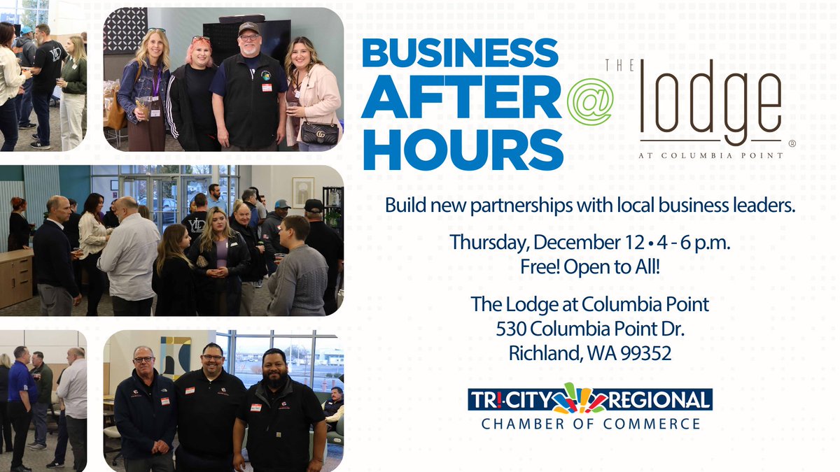 tricitychamber's tweet photo. Next week - make valuable new connections during Business After Hours at The Lodge at Columbia Point. It's free to attend - bring a friend!
#Networking #Connections #TriCitiesBusiness https://t.co/OPbHVF3Kem