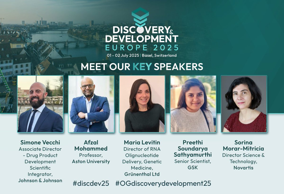 OGDiscoveryDev's tweet photo. Excited to share some of our speakers for #DiscoveryDevelopment25 in Basel
🌟 Simone Vecchi, Johnson &amp; Johnson
🌟 Afzal Mohammed,  Aston University
🌟 Maria Levitin, Grünenthal Group
🌟 Preethi Soundarya Sathyamurthi, GSK
🌟 Sorina Morar-Mitricia, Novartis
https://t.co/Fx5uvroGIt https://t.co/C7xcwju8cs