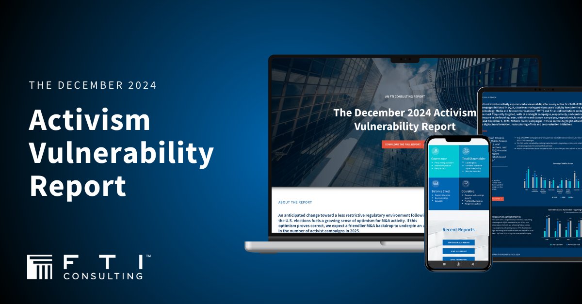 Despite notable campaigns at Southwest Airlines and Pfizer, 3Q24 activist investor activity experienced a seasonal dip after a very active first half of the year. Explore #activism and #MnA trends in our December 2024 Activism Vulnerability Report: bit.ly/3Bd5ALc