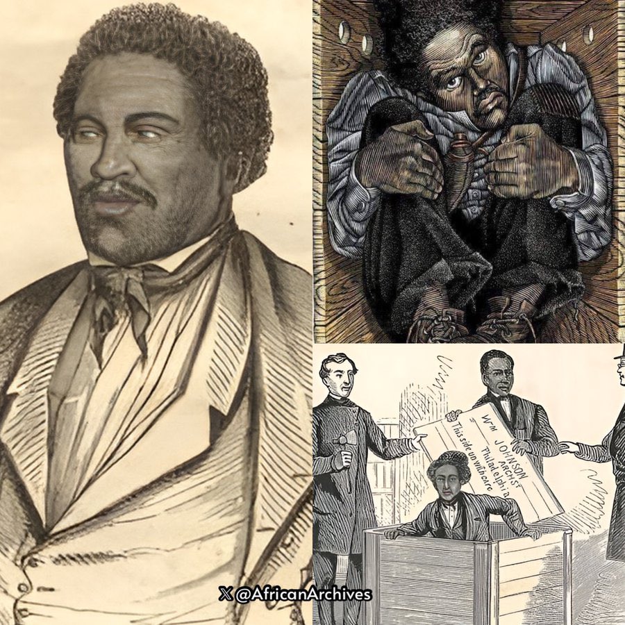 AfricanArchives's tweet photo. Henry "Box" Brown, the 19th century enslaved man from Virginia (later a noted abolitionist speaker), escaped to freedom by mailing himself in a wooden crate.

“if you have never been deprived of your liberty, as I was, you cannot realize the power of that hope of freedom.”

—Henry "Box" Brown escaped to freedom at the age of 33 by arranging to have himself mailed in a wooden crate in 1849 to abolitionists in Philadelphia, Pennsylvania. 
Brown was hired out by his master in Richmond, Virginia, and worked in a tobacco factory, renting a house where he and his wife lived with their children. Brown had also been paying his wife's master not to sell his family, but the man betrayed Brown, selling pregnant Nancy and their three children to a different slave owner.

With the help of James C. A. Smith, a free black man, and a sympathetic white shoemaker named Samuel A. Smith, Brown devised a plan to have himself shipped in a box to a free state by the Adams Express Company, known for its confidentiality and efficiency.Brown paid $86 (out of his savings of $166) to Samuel Smith. Smith went to Philadelphia to consult with members of Pennsylvania Anti-Slavery Society on how to accomplish the escape, meeting with minister James Miller McKim, William Still, and Cyrus Burleigh. He corresponded with them to work out the details after returning to Richmond. They advised him to mail the box to the office of Quaker merchant Passmore Williamson, who was active with the Vigilance Committee.

To get out of work the day he was to escape, Brown burned his hand to the bone with sulfuric acid. The box that Brown was shipped n was 3ft long by 2ft 8 inches deep by 2ft wide and displayed the words "dry goods" on it. It was lined with baize, a coarse woolen cloth, and he carried only a small portion of water and a few biscuits. There was a single hole cut for air and it was nailed & tied with straps. Brown later wrote that his uncertain method of travel was worth the risk: "if you have never been deprived of your liberty, as I was, you cannot realize the power of that hope of freedom, which was to me indeed, an anchor to the soul both sure and steadfast." During the trip, which began on March 29, 1849, Brown's box was transported by wagon, railroad, steamboat, wagon again, railroad, ferry, railroad, and finally delivery wagon, being completed in 27 hours. The box was successfully received on March 30th 1849. Just look at me the determination of our ancestors.

🖊️As the only admin behind this page, I try to research to educate. If you appreciate this effort, you can support to help the page thrive on https://t.co/HHs3SgCItN. Your support is deeply appreciated! Or just follow the page for articles.