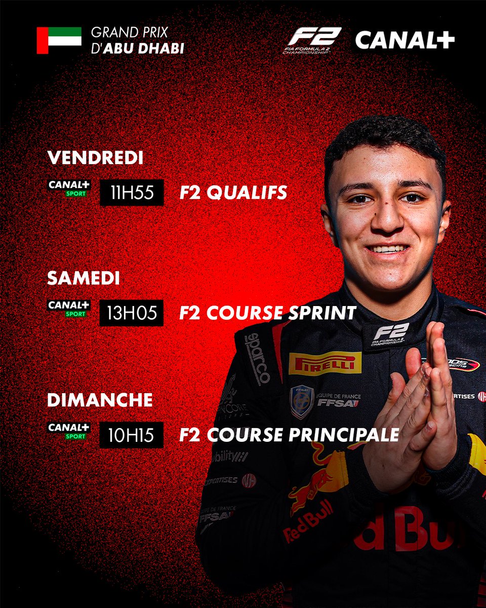 Julien_FEBREAU's tweet photo. 💥ALERTE PROGRAMME💥

Dernier Rendez-Vous de la saison ce week-end à #AbuDhabi !! 🏎️🏁🇦🇪

Au menu sur les Antennes @canalplus... #F1, #F2 et #F1Academy !!

#RDVauDernierVirage #AbuDhabiGP https://t.co/uFEj09VPsq