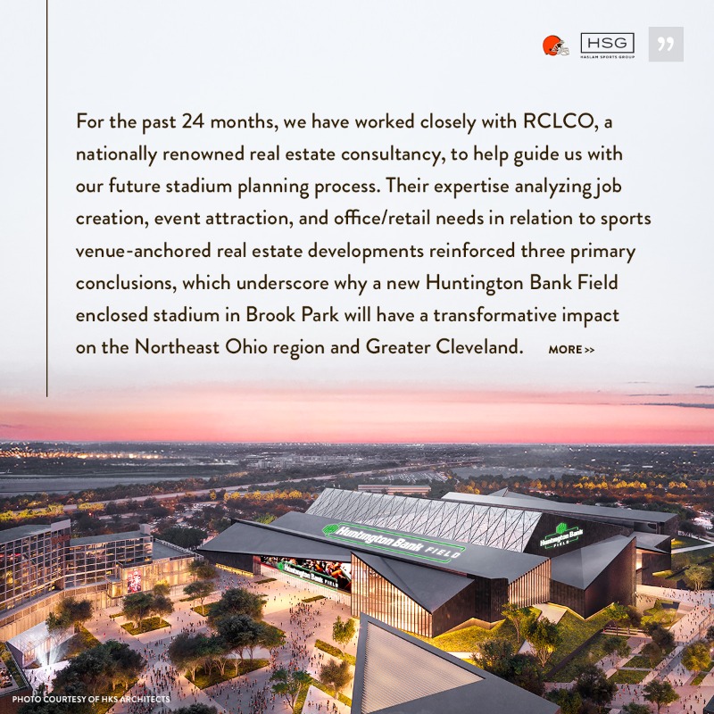 Browns's tweet photo. The study's three main findings – focusing on the viability of the development and new domed stadium, generation of positive economic impact and how relocation will benefit downtown Cleveland – demonstrate the path to success in Brook Park.