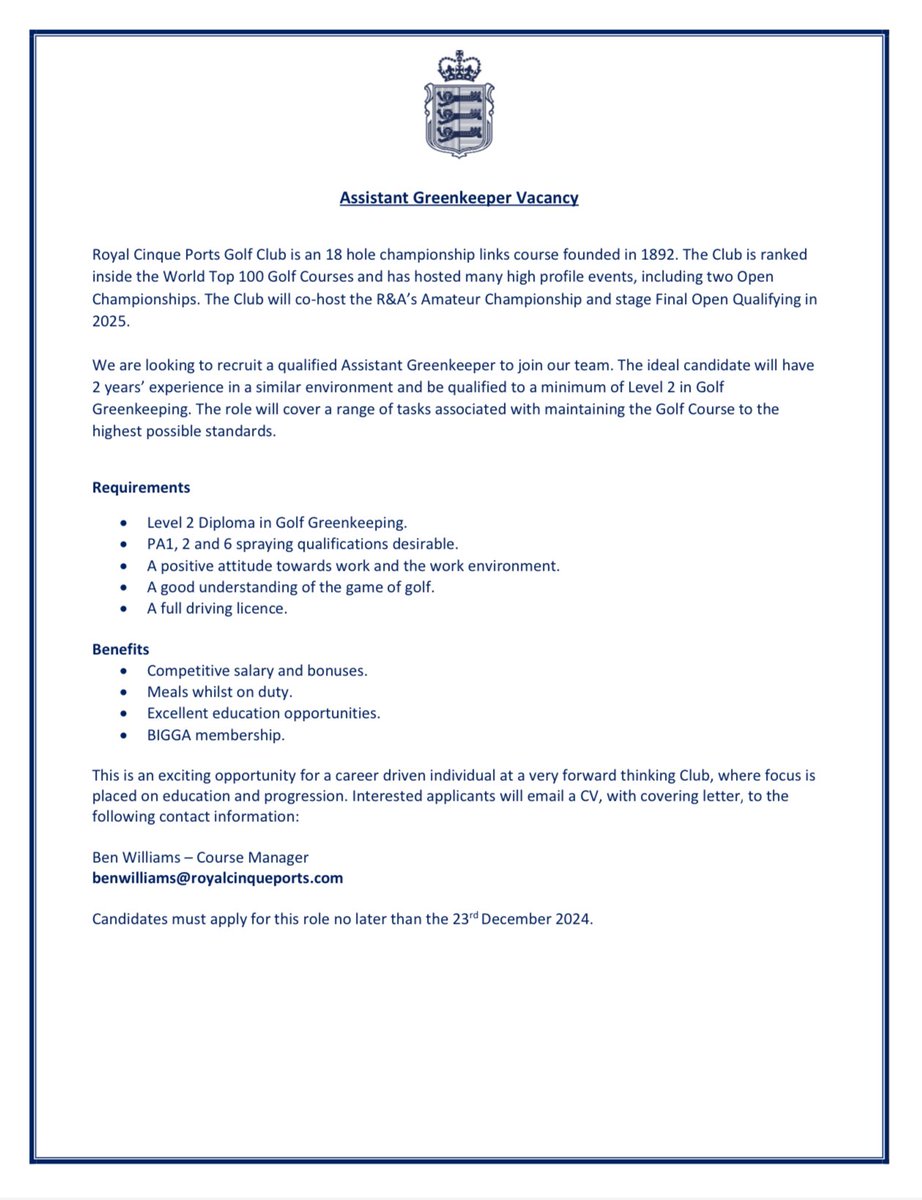 Ben Williams (@benwilliamsturf) on Twitter photo An opportunity has arisen to join the <a href="/RCPgolfclub/">Royal Cinque Ports Golf Club</a> Greenkeeping Team. Please see details below β³οΈ β¬οΈ An opportunity has arisen to join the <a href="/RCPgolfclub/">Royal Cinque Ports Golf Club</a> Greenkeeping Team. Please see details below β³οΈ β¬οΈ