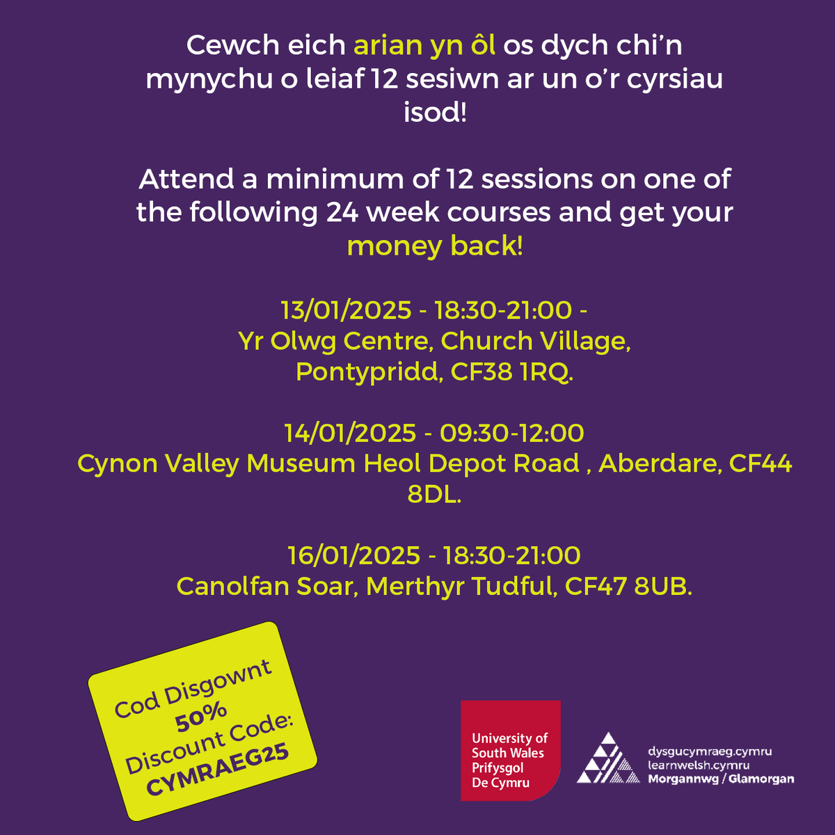 learncymraegMG's tweet photo. Would you love to learn Welsh? New Welsh courses starting soon in January! 50% discount code - CYMRAEG25 - pay just £50! 
https://t.co/ULnzIxNoMk
Cyrsiau newydd yn dechrau cyn bo hir ym mis Ionawr! Côd disgownt 50% - CYMRAEG25 - i dalu £50! https://t.co/V5go6fVNGo https://t.co/Ey1SfKG4vp