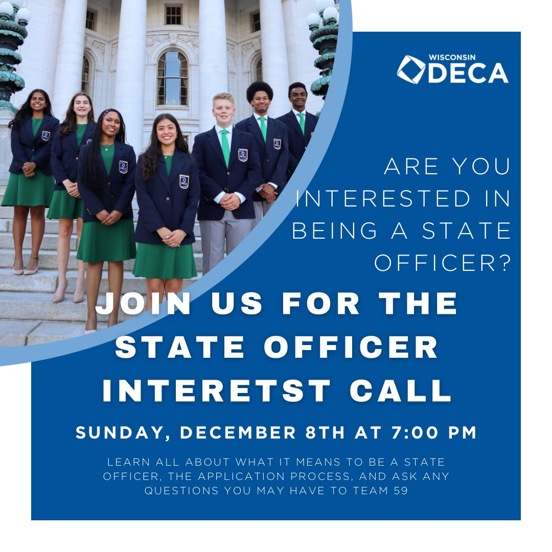 WI_DECA's tweet photo. Are you interested in being a state officer⁉️Attend the state officer interest call this Sunday at 7pm! The link to the zoom call is in the Linktree. See you there! #wideca #betheone #stateoffice https://t.co/PiY7Fe48Jb