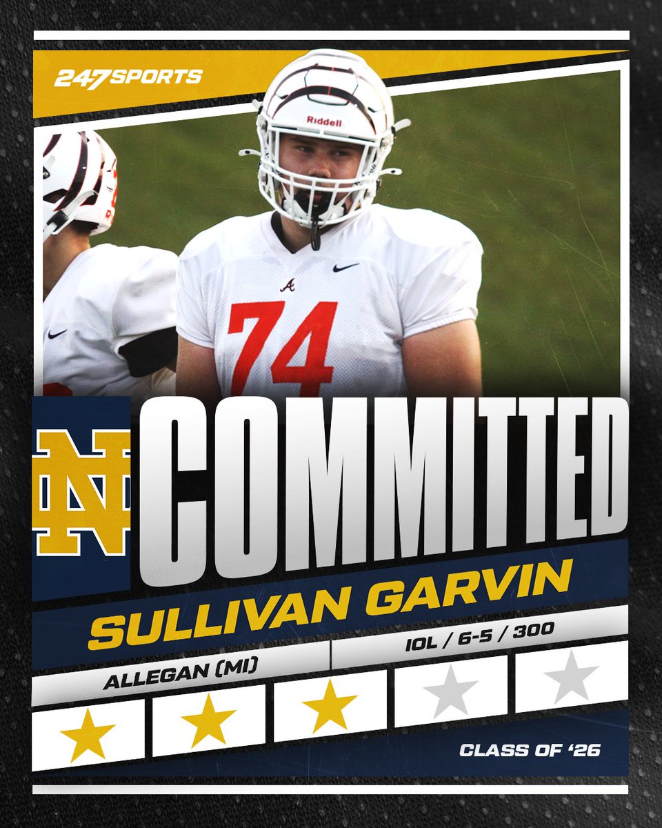 AllenTrieu's tweet photo. Allegan (Mich.) 2026 OL Sullivan Garvin has committed to Notre Dame.

He talks about why he's in with the Irish and the honor of being recruited at this level being from a small town:

https://t.co/G77GRD2zzz https://t.co/Ga0cph02Z6