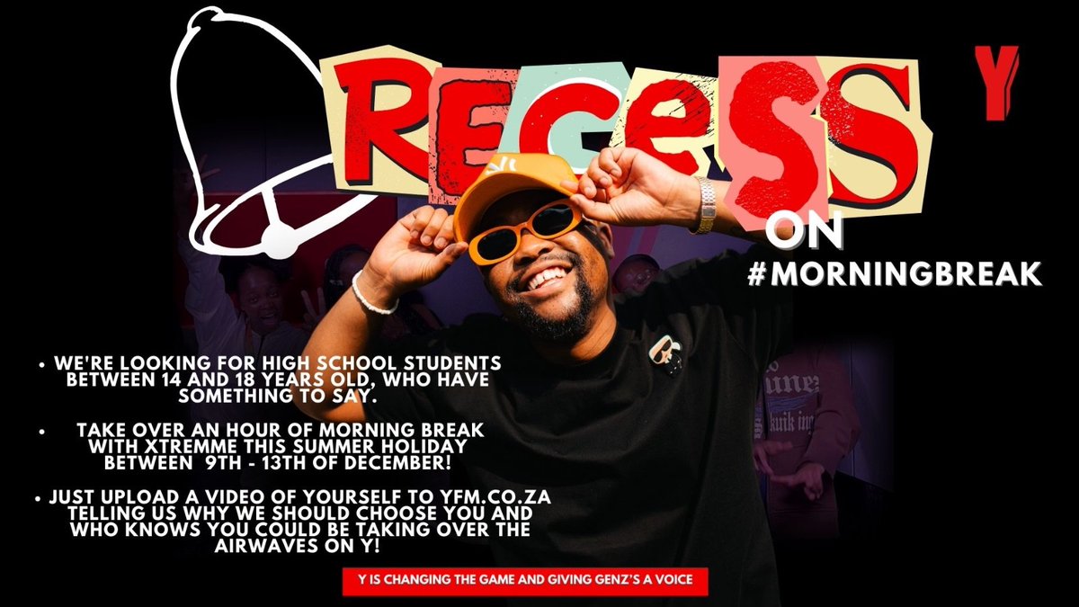 Yfm's tweet photo. #RecessOnMorningBreak is back and looking for GenZ’s with a voice!

If you're a high school student between 14 and 18 years old, who has something to say, then listen up. You can take over an hour of #MorningBreak with @XtremmeDJ this summer holiday, between 9 to 13th of Dec.

Simply Apply: https://t.co/ctwGSJmv0x