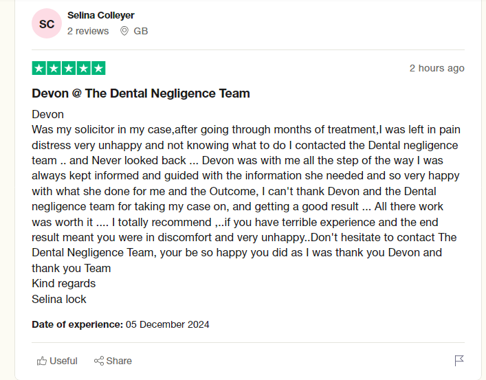 DentalNegTeam's tweet photo. An excellent 5⭐️review on Trustpilot for Devon Bailey within RWK Goodman's Dental Negligence team - great work! Very well deserved and we're so glad that our client is happy with the outcome https://t.co/8BUW6p6QTv
