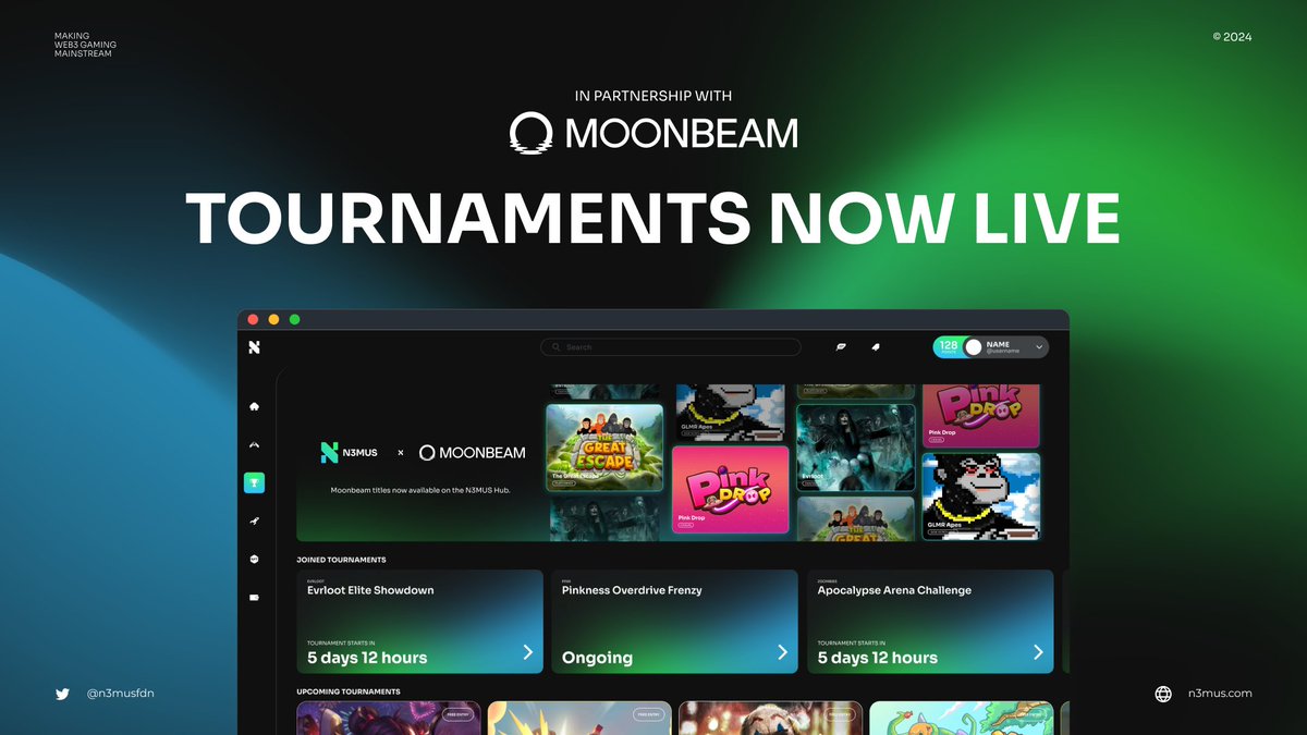 N3musFdn's tweet photo. 1/ It's finally here! The N3MUS Tournament platform is officially LIVE! 🏆

Compete in a leaderboard battle across 3 epic games, rack up victories, and prove your skill. Powered by @MoonbeamNetwork, this is where legends rise. 💪

Ready to join the battle? Check out how below 🧵 https://t.co/zCoVpb511B