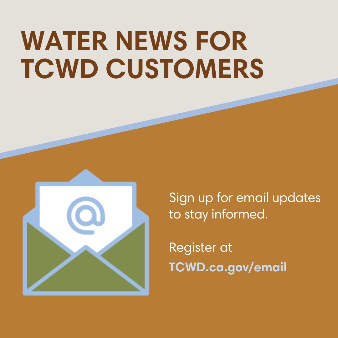 TCWDWater's tweet image. 💧 Stay informed with the latest news and information from TCWD.
👉 Sign up for our email list at TCWD.ca.gov/email
#TCWD #StayInTouch #WaterNews