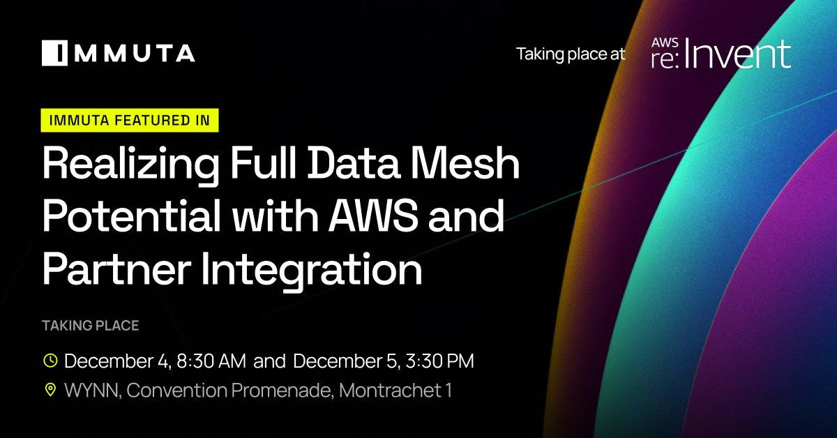 immuta's tweet image. It's the last day of AWS #reInvent – but we're not done yet!
If you missed yesterday's session on reaching the full potential of your #datamesh, check it out today @ 3:30. And be sure to stop by booth #414 to see Immuta's expanded support for AWS Lake Formation – see you there!