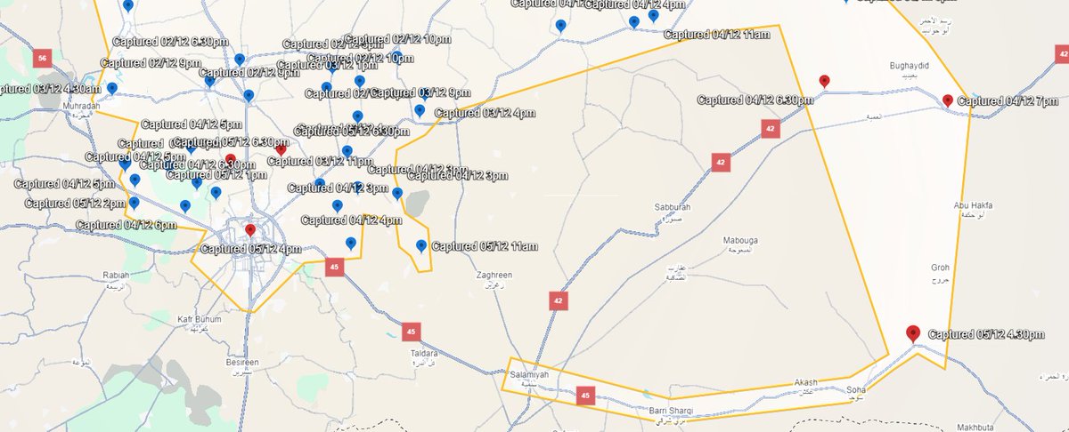 Permafr95699535's tweet photo. Update to the best of my abilities, as information gets less clear with #HTS in pursuit of a retreating #SyAA :
- Hama, al Abidin and Qomhane fully cleared
- Salamiyah captured without a fight (cleared road to it speculative on my end)
Expect massive capture tomorrow. https://t.co/dNSraB24s6