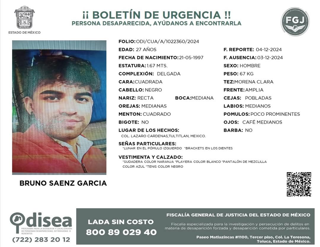 #ServicioALaComunidad | #PersonaExtraviada | #CélulaDeBusqueda | #Odisea | #HastaEncontrarles

Solicitamos su apoyo para localizar a 𝐁𝐫𝐮𝐧𝐨 𝐒𝐚𝐞𝐧𝐳 𝐆𝐚𝐫𝐜𝐢𝐚 🚨

¡¡Comparte!!