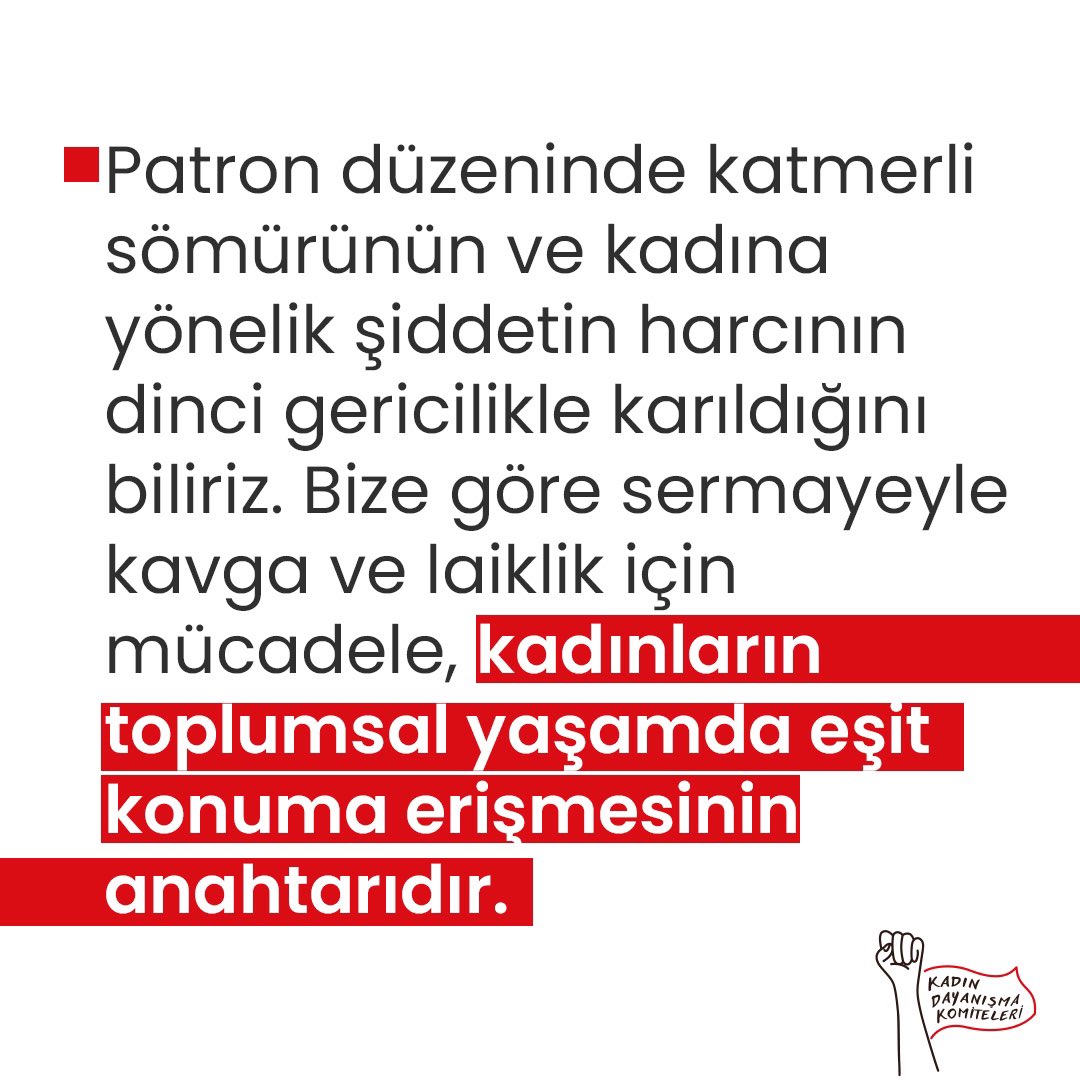 kadindayanismak's tweet photo. 🔴 Kadın Dayanışma Komiteleri Seni Çağırıyor

Bizler, Kadın Dayanışma Komiteleri'nde mücadele ile değişir, güçlenir, nefes alır, özgürleşiriz. Ne bugünkü kavgamızı sakınır ne sosyalizm düşümüzden cayarız.

Kadınlara çaresiz, yalnız, güçsüz hissettiren, bizi sömüren bu düzeni değiştirmek için #yalnızolma KDK’lı ol: https://t.co/Ygu1OmDwRl

Kadınların Mücadele ve Dayanışma Manifestosu👇