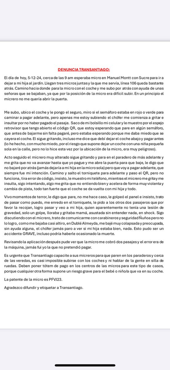 ciesnavis's tweet photo. Quiero hacer esta denuncia de una situación grave y muy peligrosa que viví hoy con mi hija de dos años en una micro del @Transantiago @MTTChile @GabrielBoric https://t.co/YIRYyGMSsT