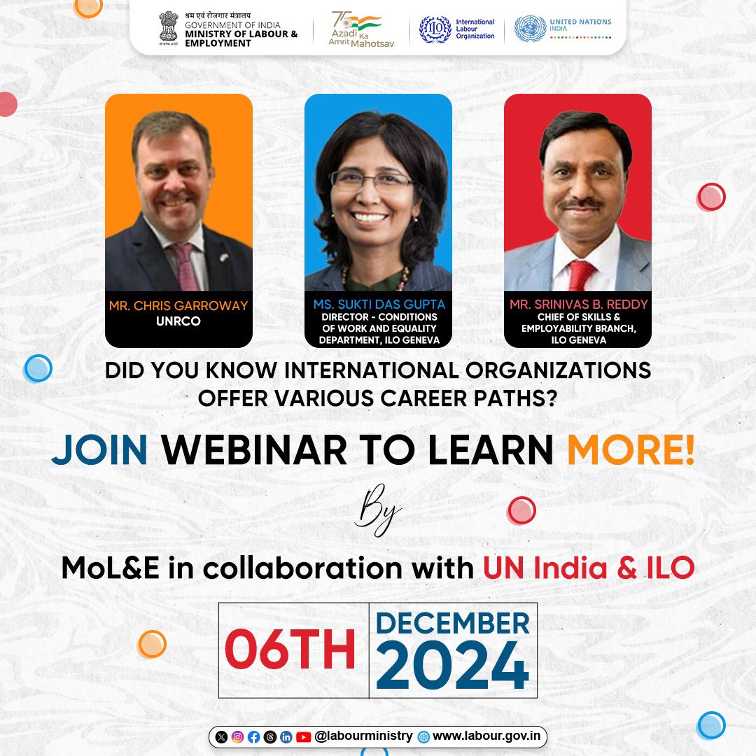 LabourMinistry's tweet photo. M/oLE in collaboration with ILO and UN India, is hosting a webinar on Employment Opportunities for Youth in International Organisations. (1/7) https://t.co/DIPqBDC6CS