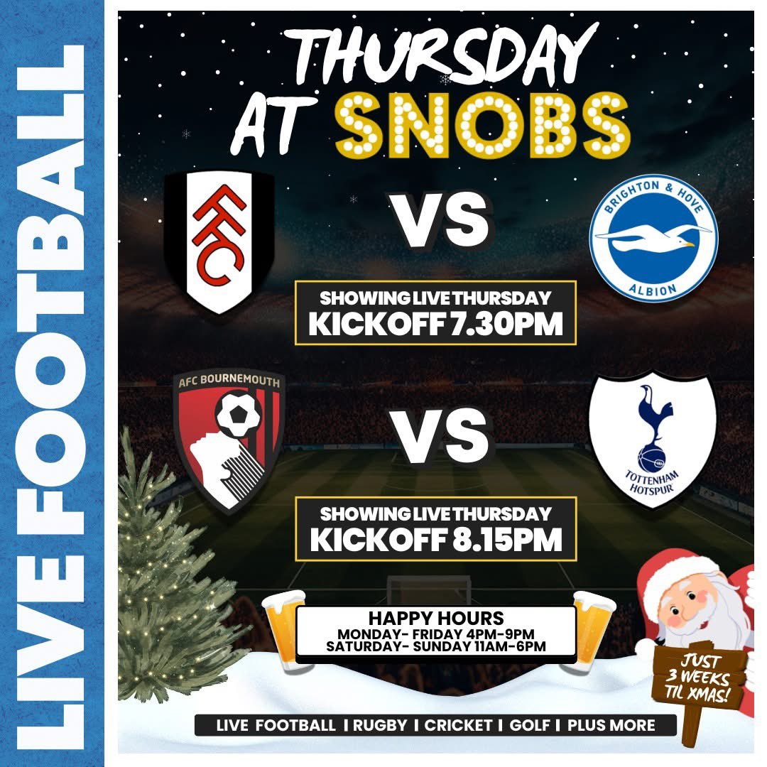 snobsnightclub's tweet image. THURSDAY ! Premier League 🏟️⚽️

⚽️ Fulham v Brighton &amp;amp; Hove Albion KO at 7.30pm
⚽️ AFC Bournemouth v Tottenham Hotspur KO at 8.15pm

Snobs Birmingham Happy Hours, 7 Days a Week:
 👉 Monday - Friday til 9pm
👉 Saturday - Sunday til 6pm
 #snobs #birmingham #bar #football