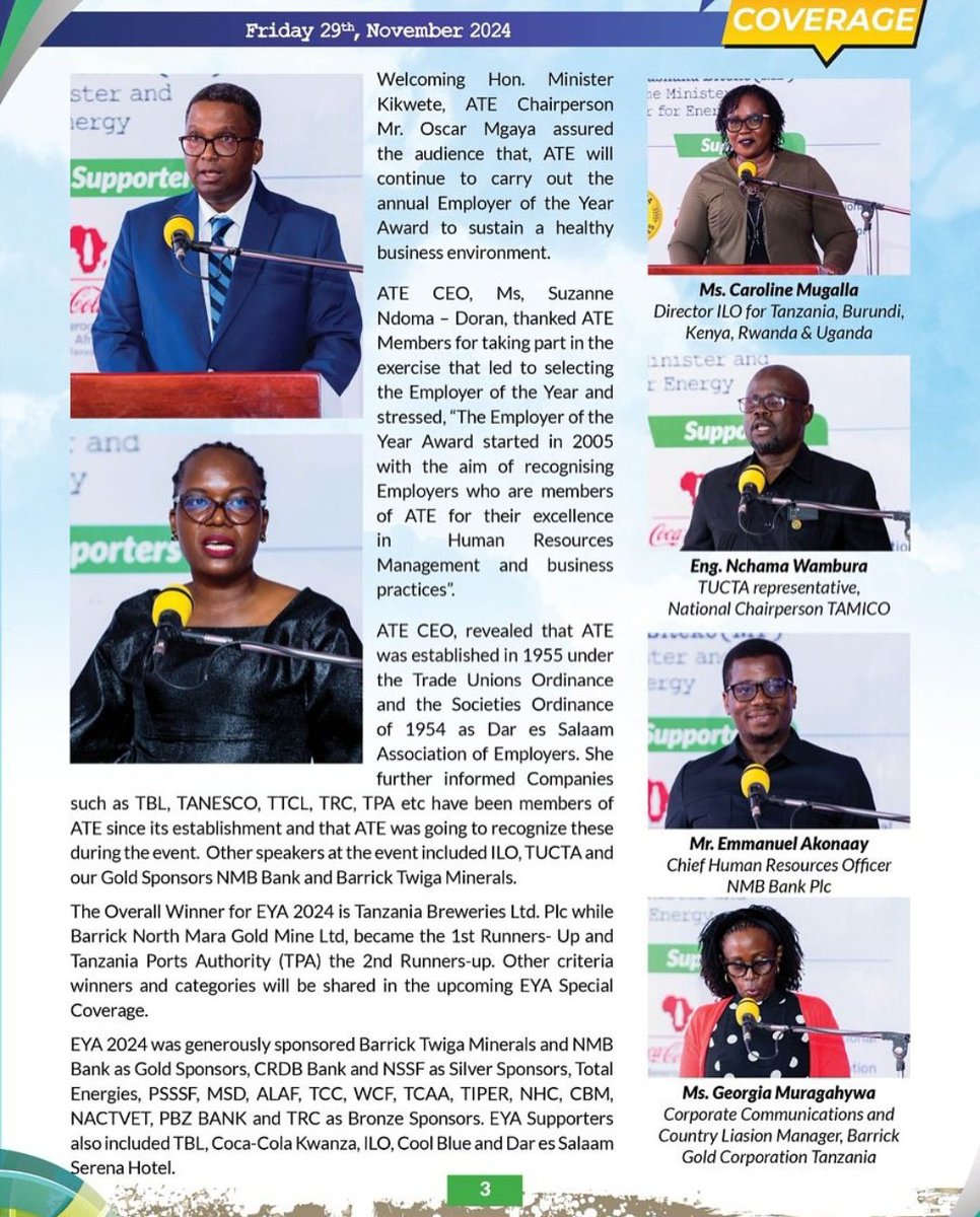 ATE_Tanzania's tweet photo. Delighted to share the special l coverage on the Employer of the Year (EYA) 2024 award giving ceremony.
ATE once again, thanks Members for their participation and support towards EYA 2024. Continue to follow ATE for more updates.
#EYA2024
#Dress2IMPRESS
#OLDisGOLD
#Back2the70' https://t.co/NitdoahRnB