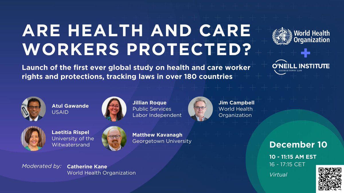 Matthew Kavanagh matthewkavanagh@bsky.social (@mmkavanagh) on Twitter photo Tuesday we're launching big new analysis w/<a href="/WHO/">World Health Organization (WHO)</a> on laws in 180+ countries on protection & rights of health and care workers
We're joined by <a href="/GawandeUSAID/">Atul Gawande</a> <a href="/JimC_HRH/">Jim Campbell</a> Jillian Roque of <a href="/PSIglobalunion/">Public Services International @psiglobalunion.bsky</a>, Laetitia Rispel <a href="/WitsUniversity/">Wits University</a>, paper in <a href="/PLOSGPH/">PLOS Global Public Health</a>
Join: who.int/news-room/even… Tuesday we're launching big new analysis w/<a href="/WHO/">World Health Organization (WHO)</a> on laws in 180+ countries on protection & rights of health and care workers
We're joined by <a href="/GawandeUSAID/">Atul Gawande</a> <a href="/JimC_HRH/">Jim Campbell</a> Jillian Roque of <a href="/PSIglobalunion/">Public Services International @psiglobalunion.bsky</a>, Laetitia Rispel <a href="/WitsUniversity/">Wits University</a>, paper in <a href="/PLOSGPH/">PLOS Global Public Health</a>
Join: who.int/news-room/even…