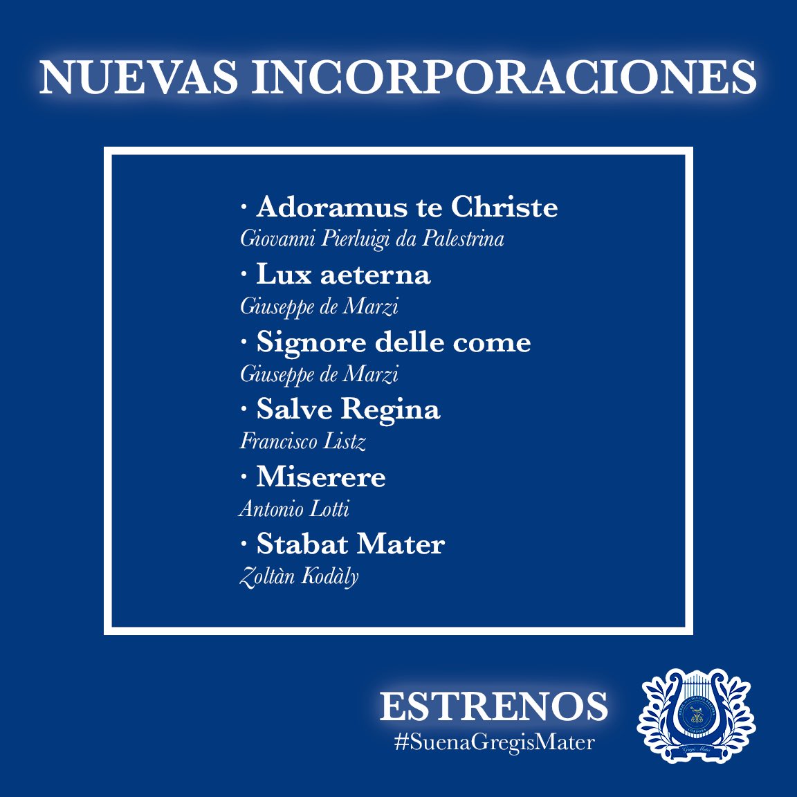 🆕 #Estrenos • 𝐍𝐮𝐞𝐯𝐚𝐬 𝐢𝐧𝐜𝐨𝐫𝐩𝐨𝐫𝐚𝐜𝐢𝐨𝐧𝐞𝐬 

Las pasadas actuaciones añadimos a nuestro repertorio las siguientes composiciones con el afán de ofrecer el mejor nivel musical posible. 

#SuenaGregisMater