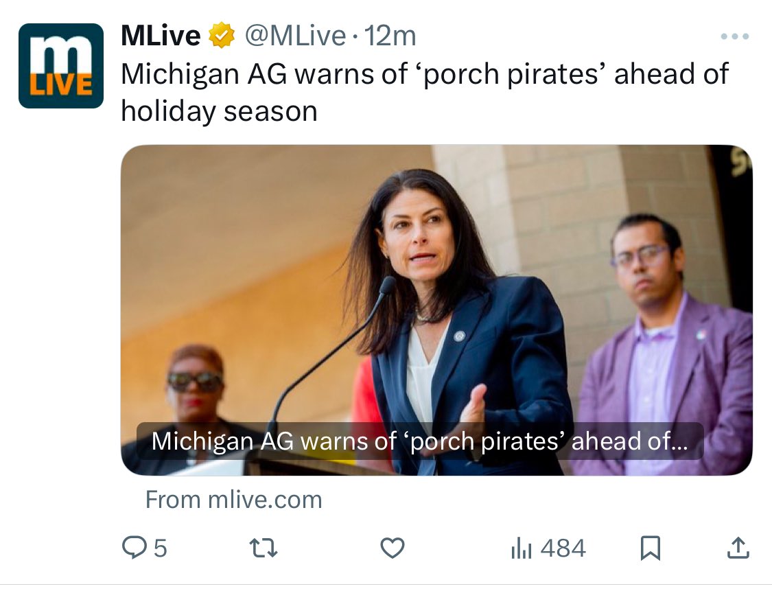 shoesonplease's tweet photo. Michigan Attorney General, who is opposed to deporting illegal immigrants and supports the release of violent criminals under second chance legislation, tells Michiganders to fight porch thieves with Christmas music and decorations: https://t.co/N4KmwzFB2w