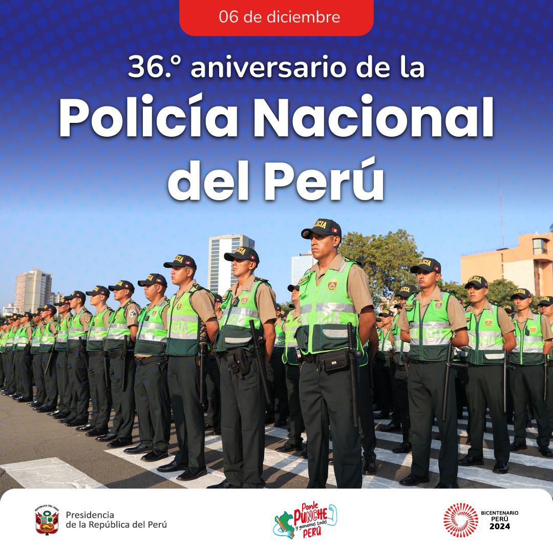 presidenciaperu's tweet photo. ✅¡36 años de entrega y de servicio del país! Rendimos homenaje a la Policía Nacional del Perú, una institución que, con valentía y dedicación protege nuestra patria. ¡A todos los miembros de la PNP les agradecemos por su compromiso y sacrificio! 👮‍♂️🇵🇪 https://t.co/5SKm5Pmaz1