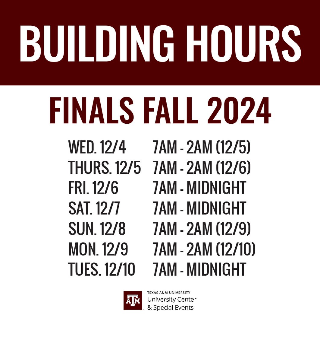 The MSC will be open extra hours this week to help give you a little more study time, Ags! #BTHOFinals
