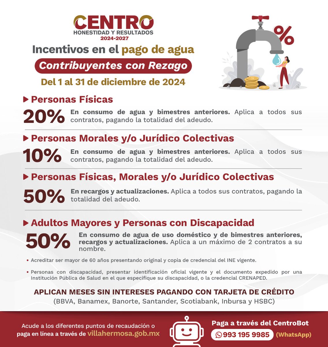 CentroInforma's tweet photo. Aprovecha los incentivos en el pago de predial y agua en diciembre. Visita un módulo de recaudación o paga con Centro App, con el asistente en Whatsapp CentroBot o en https://t.co/K0De2CngOq. 💧 🏠
#HonestidadYResultados
#Centro #Villahermosa https://t.co/KxSqQqBi0m