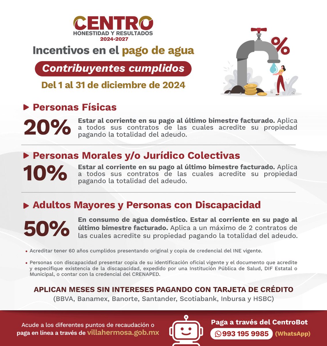 CentroInforma's tweet photo. Aprovecha los incentivos en el pago de predial y agua en diciembre. Visita un módulo de recaudación o paga con Centro App, con el asistente en Whatsapp CentroBot o en https://t.co/K0De2CngOq. 💧 🏠
#HonestidadYResultados
#Centro #Villahermosa https://t.co/KxSqQqBi0m