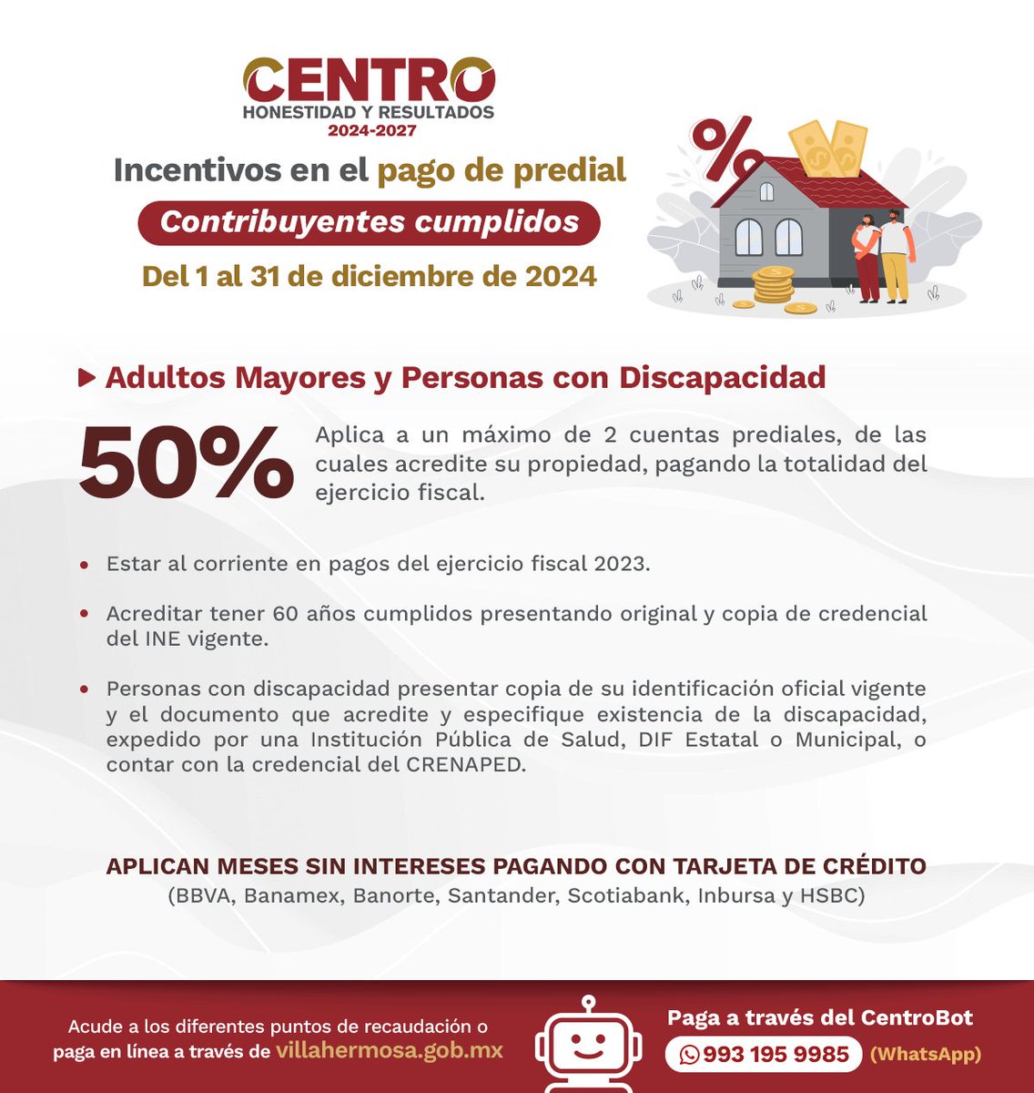 CentroInforma's tweet photo. Aprovecha los incentivos en el pago de predial y agua en diciembre. Visita un módulo de recaudación o paga con Centro App, con el asistente en Whatsapp CentroBot o en https://t.co/K0De2CngOq. 💧 🏠
#HonestidadYResultados
#Centro #Villahermosa https://t.co/KxSqQqBi0m