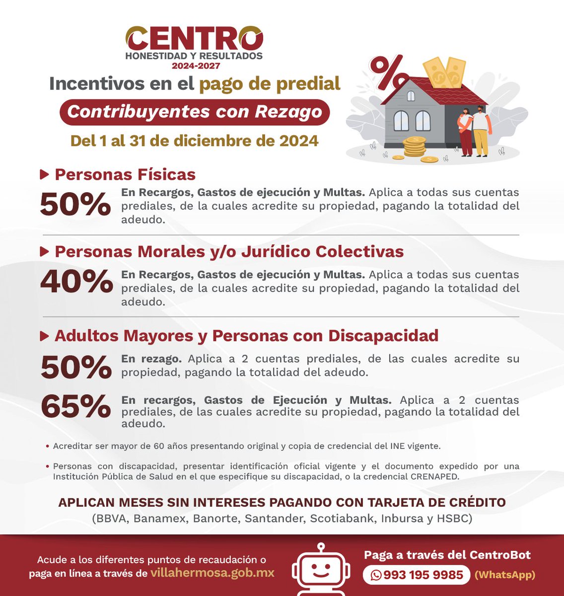 CentroInforma's tweet photo. Aprovecha los incentivos en el pago de predial y agua en diciembre. Visita un módulo de recaudación o paga con Centro App, con el asistente en Whatsapp CentroBot o en https://t.co/K0De2CngOq. 💧 🏠
#HonestidadYResultados
#Centro #Villahermosa https://t.co/KxSqQqBi0m