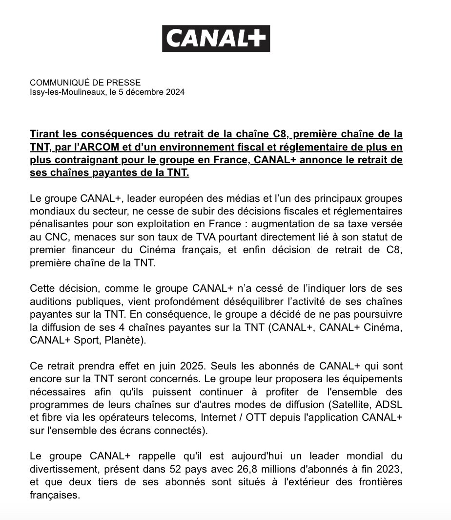 Le groupe Canal+ annonce le retrait de ses chaînes payantes de la TNT (Canal+, C+ Cinéma, C+ Sport, Planète+), notamment pour protester contre le retrait de la fréquence de C8 (communiqué)