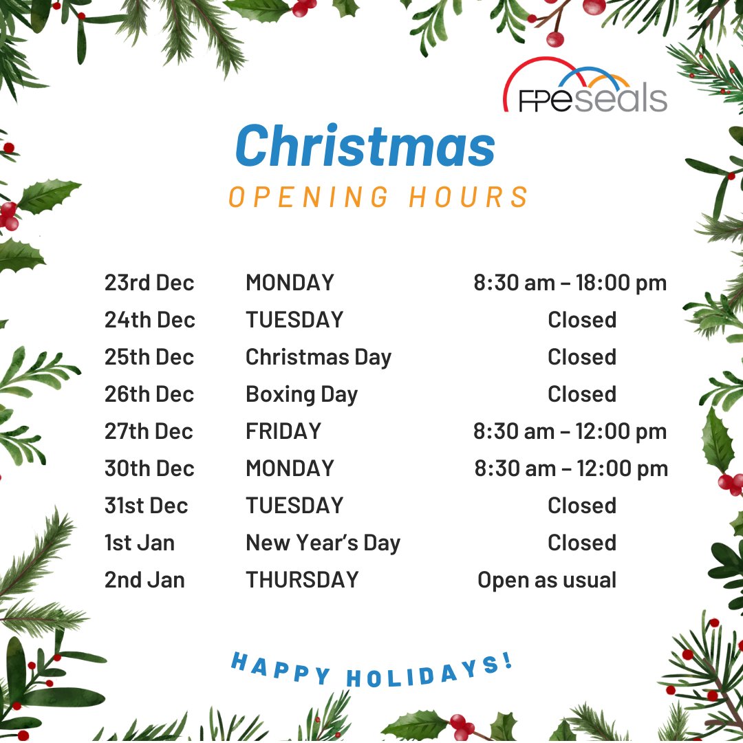 fpeltd's tweet photo. 🎄✨ Christmas Opening Hours Update ✨🎄

As the holidays approach, we want to let you know our Christmas and New Year opening hours

For any enquiries please get in touch:

📞+44 (0)1325 282732

📩sales@fpeseals.com

#ChristmasHours #HolidaySeason #FPESeals https://t.co/uKCsafN6JM